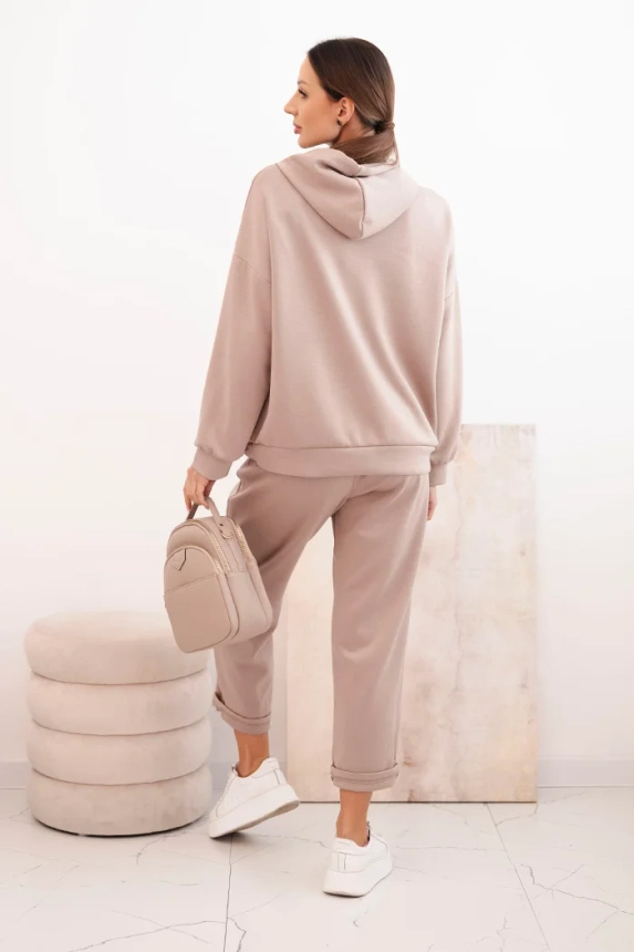 Women's set butter hoodie and pants with a belt dark beige