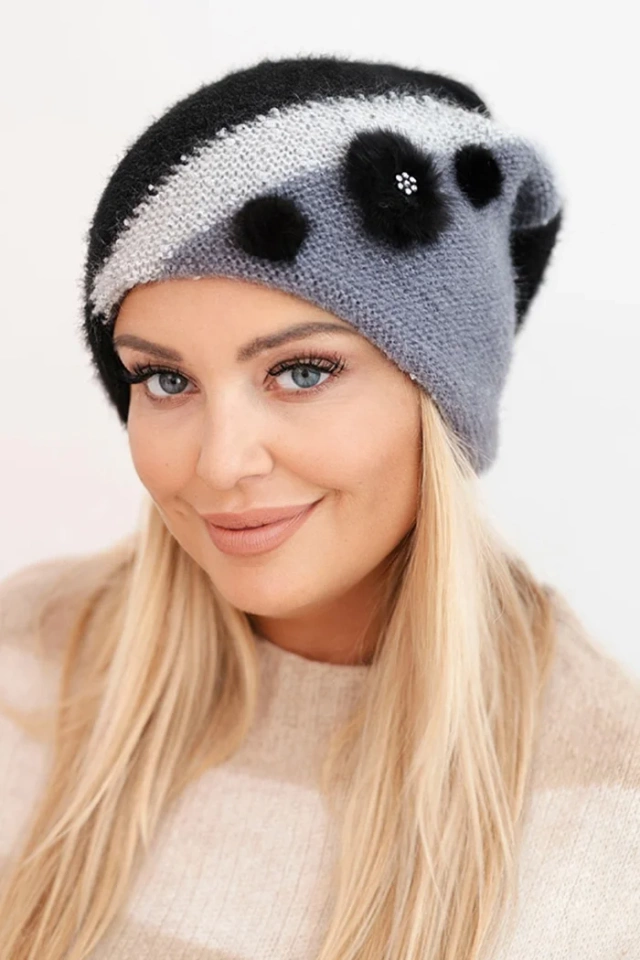 Elegant women's hat with fur decorations and a glittery band black