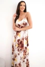 Langes Damenkleid mit Blumenmuster und Trägerausschnitt braun