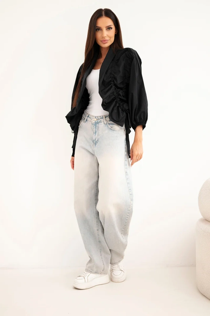 Women's cotton cover-up with ruching and tie fastening black