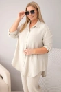 Dámsky mušelínový komplet Plus Size s košeľou zapínanou na gombíky a širokými nohavicami béžový