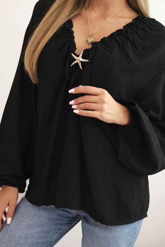 Women's blouse with viscose, gathered neckline and embellishment black