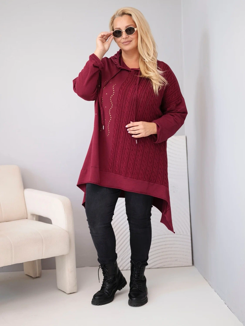 Moteriškas medvilninis Plus Size džemperis su gaubtu ir austu intarpu bordo spalvos