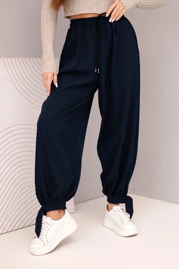 Women's pants with wide legs and ties at the bottom navy blue