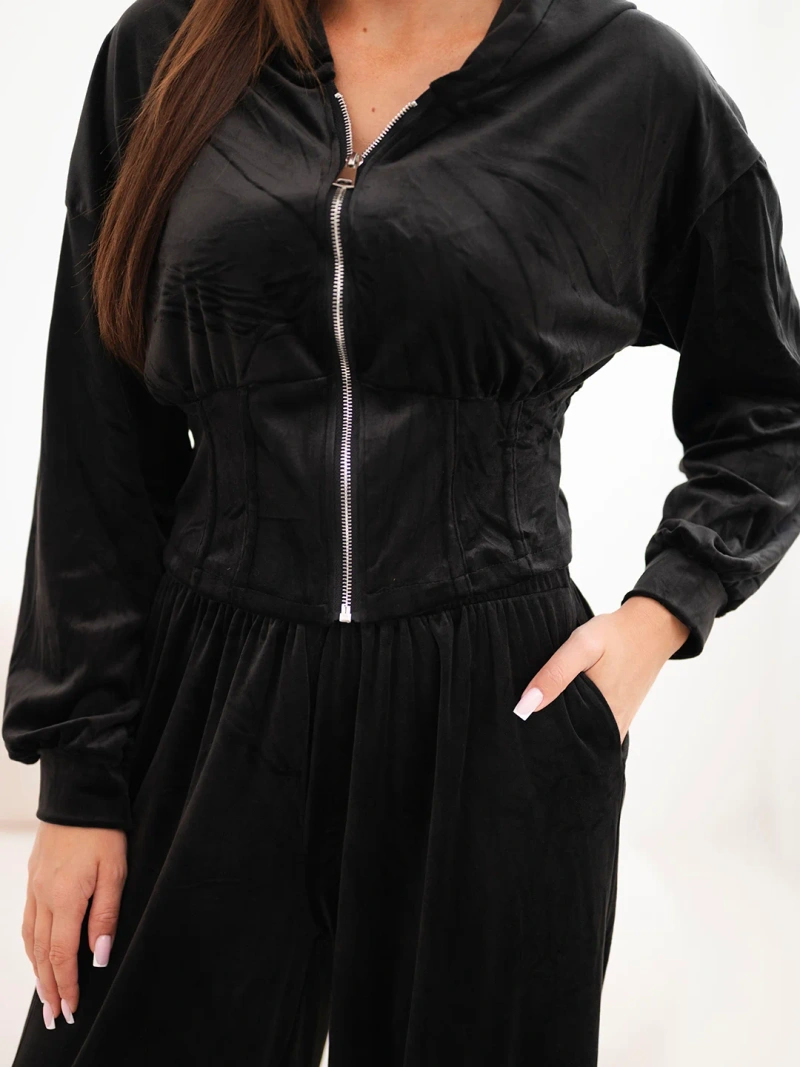 Women's velour viscose set with a short sweatshirt and wide trousers black