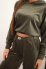 Women's velour tracksuit with wide legs and a hoodie khaki