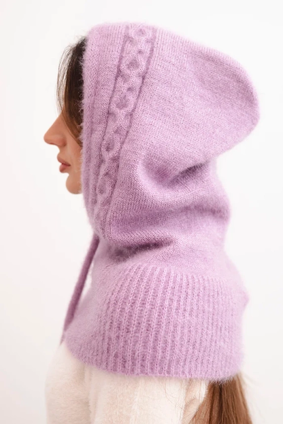 Women's hooded cap with ties and braid weave light purple