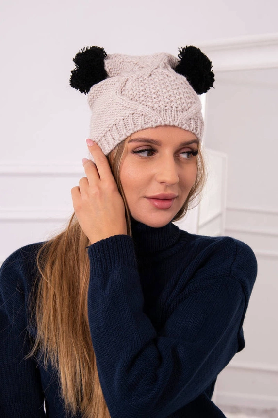 Vilnonė kepurė 2 pomponai K291 beige