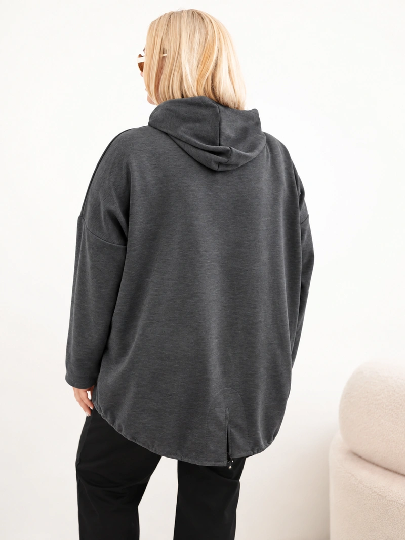 Bluza damska Plus Size masełko z kapturem i kieszenią kangurką grafitowy melanż