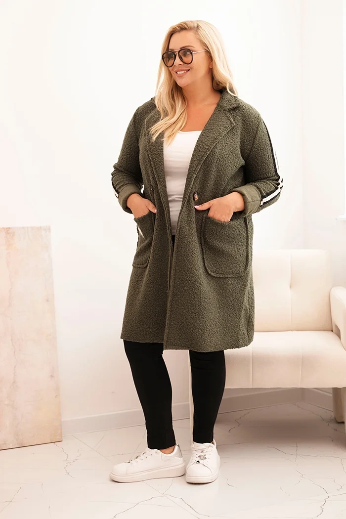Dámský kabát Plus Size z umělého beránka s kapsami khaki