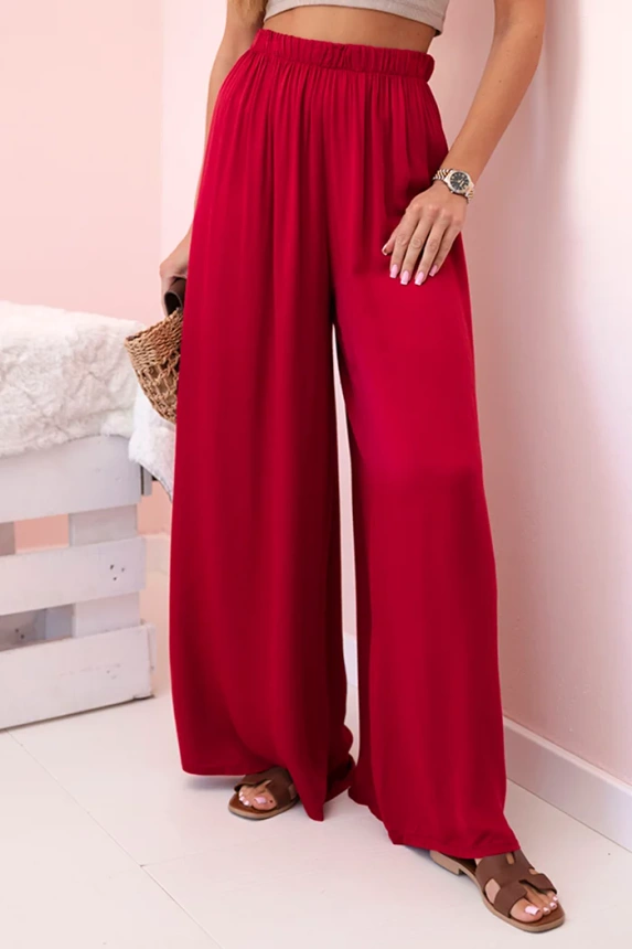 Women's wide viscose trousers with elastic waistband burgundy