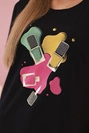 Women's cotton short-sleeve blouse with colorful print black