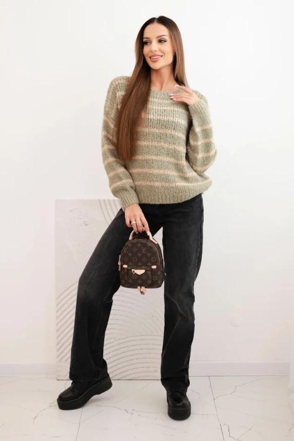 Damenpullover mit Streifen aus Wolle in lockerer Passform khaki