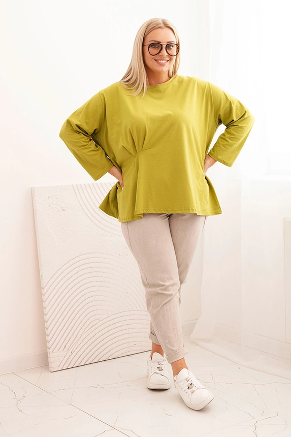 Moteriška Plus Size marškinėliai su medvilne, kišenė ir sukamu rankovėmis kiwi