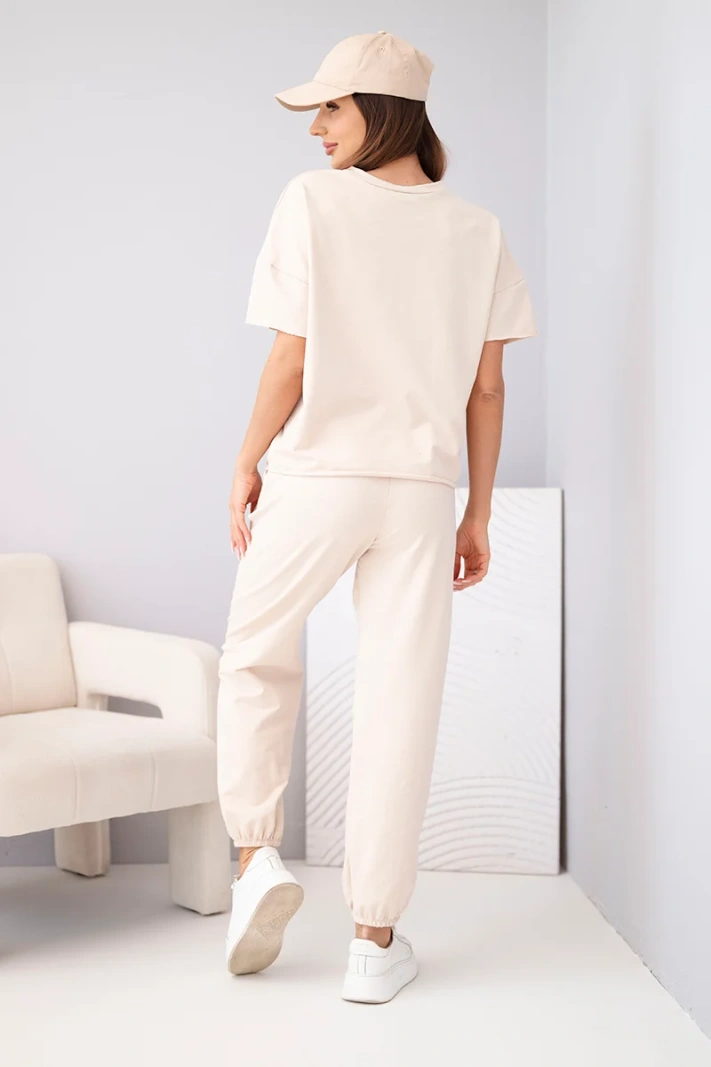 Baumwoll-Set für Damen mit Kurzarmbluse und Jogginghose beige