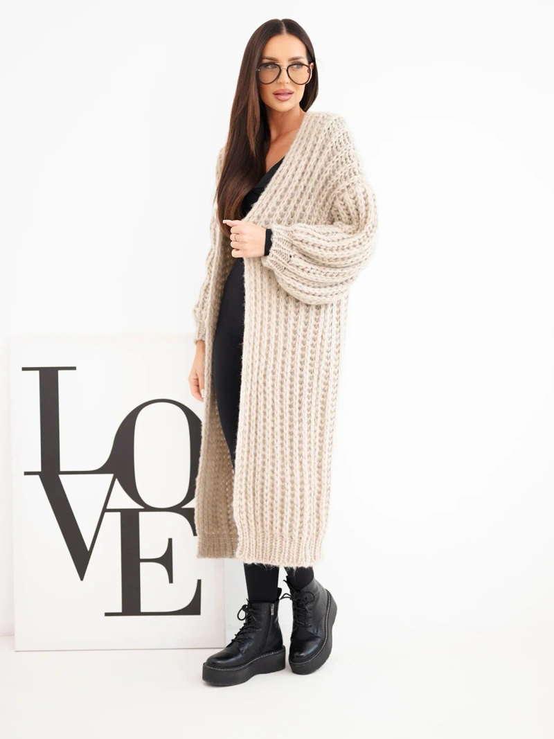 Long women's openwork cardigan without fastening with wide sleeve beige