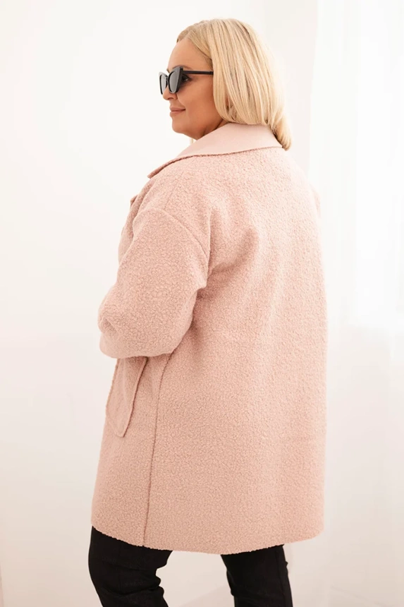 Dámský kabát Plus Size beránek s vlnou a kapsami pudrově růžový
