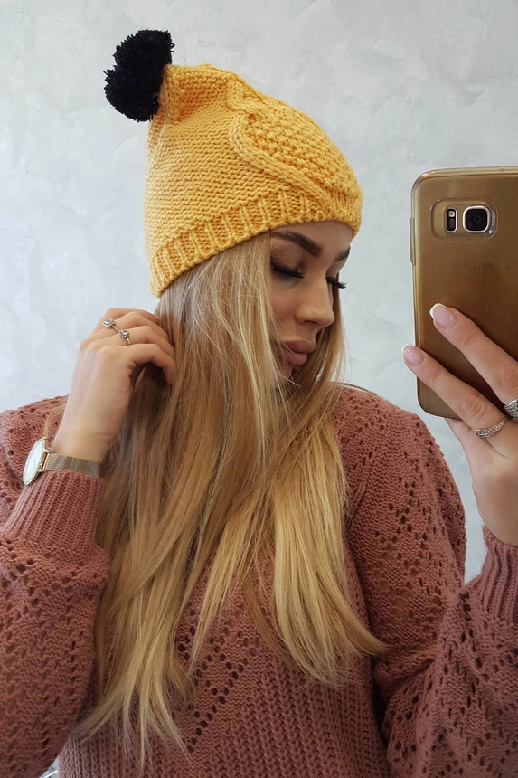 Cap with fleece 2 pompoms K291 yellow