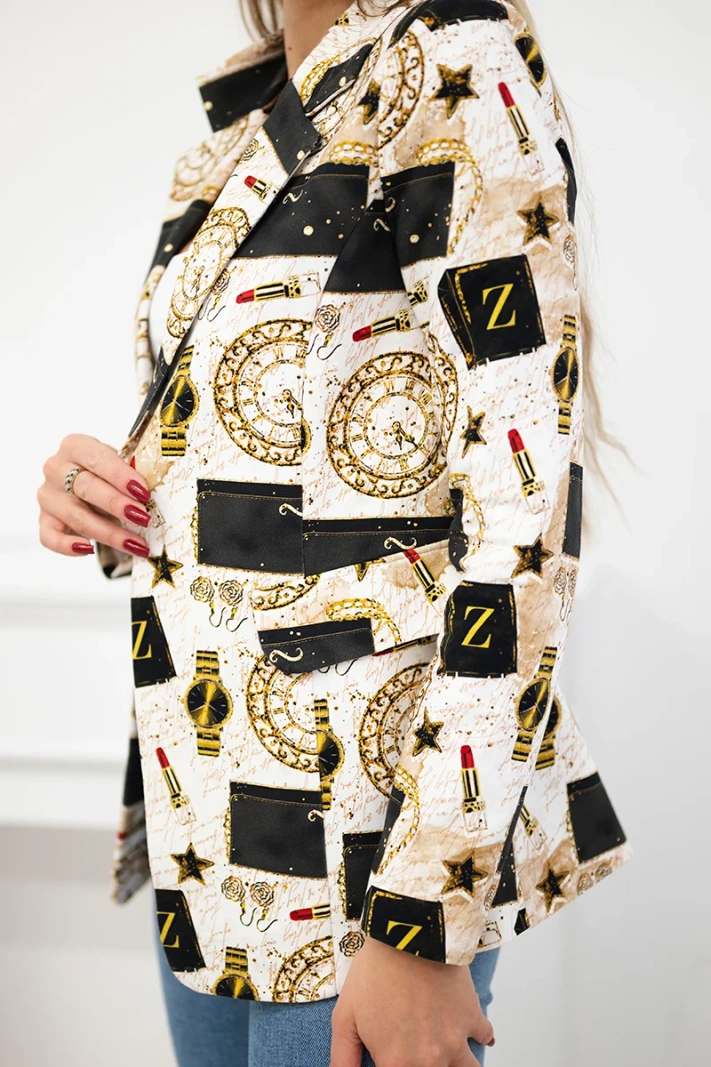 Printed cotton jacket with a button black+ecru