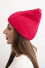 Women's winter hat with wool in a cat-style design made of ribbed knit K419 fuchsia
