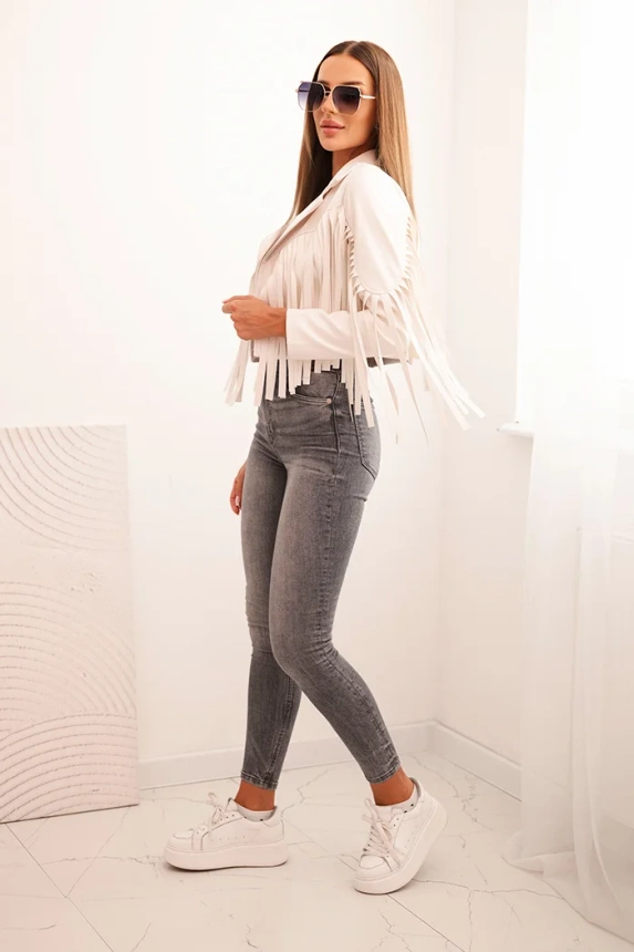 Dámská bunda z eko kůže s třásněmi v boho stylu světlá béžová