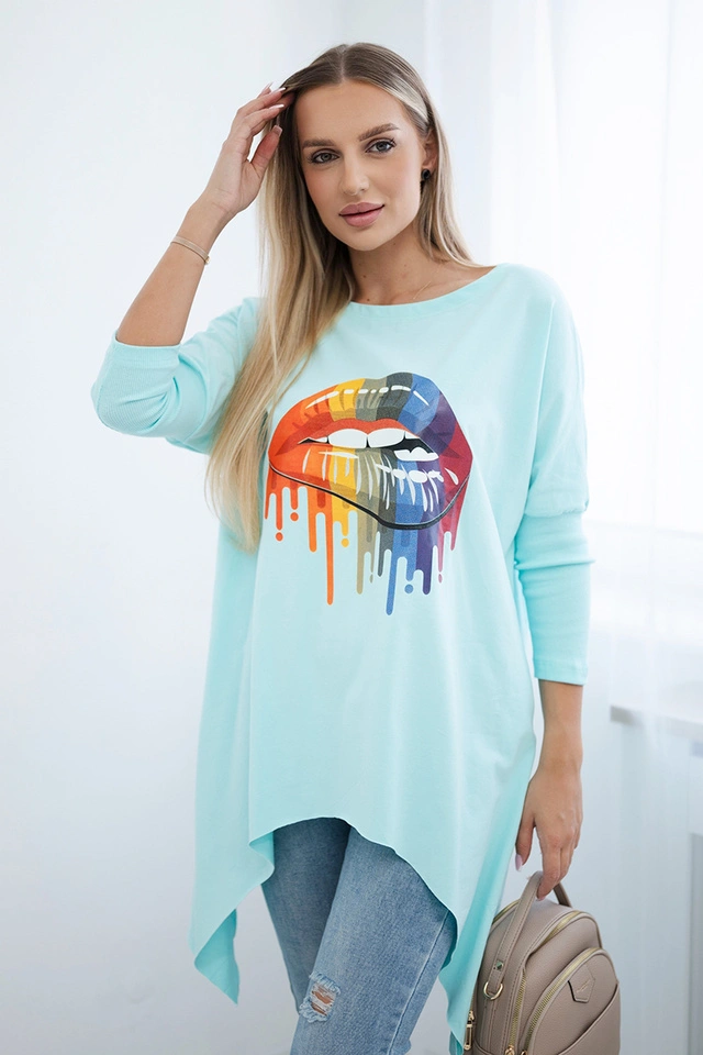 Oversize-Bluse mit Regenbogen-Lippenprint mint