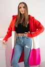 Sweter Kardigan z kapturem w pasy czerwony+ecru+różowy neon