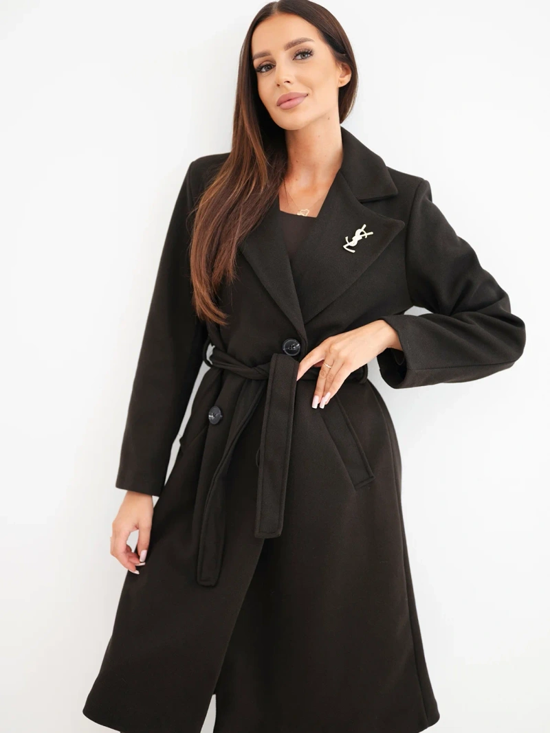 A coat women's with belt and collar double-breasted brown