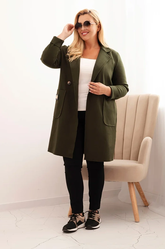 Eleganter Damenmantel Plus Size mit Kragen und großen Taschen khaki