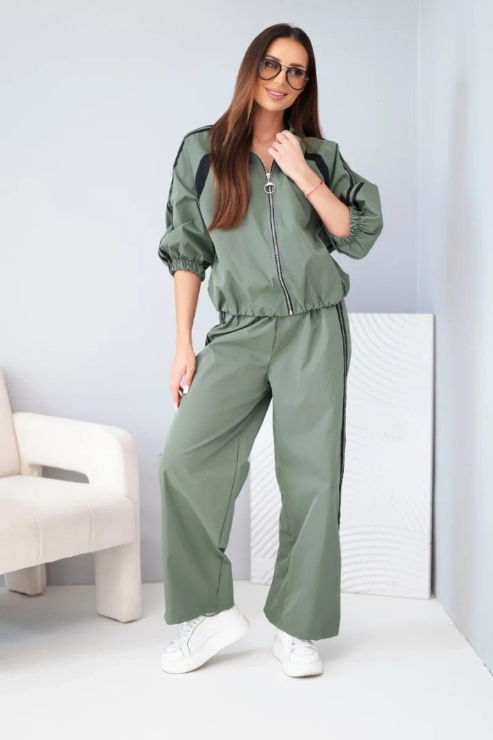 Women's cotton set with wide-leg pants and side stripes khaki