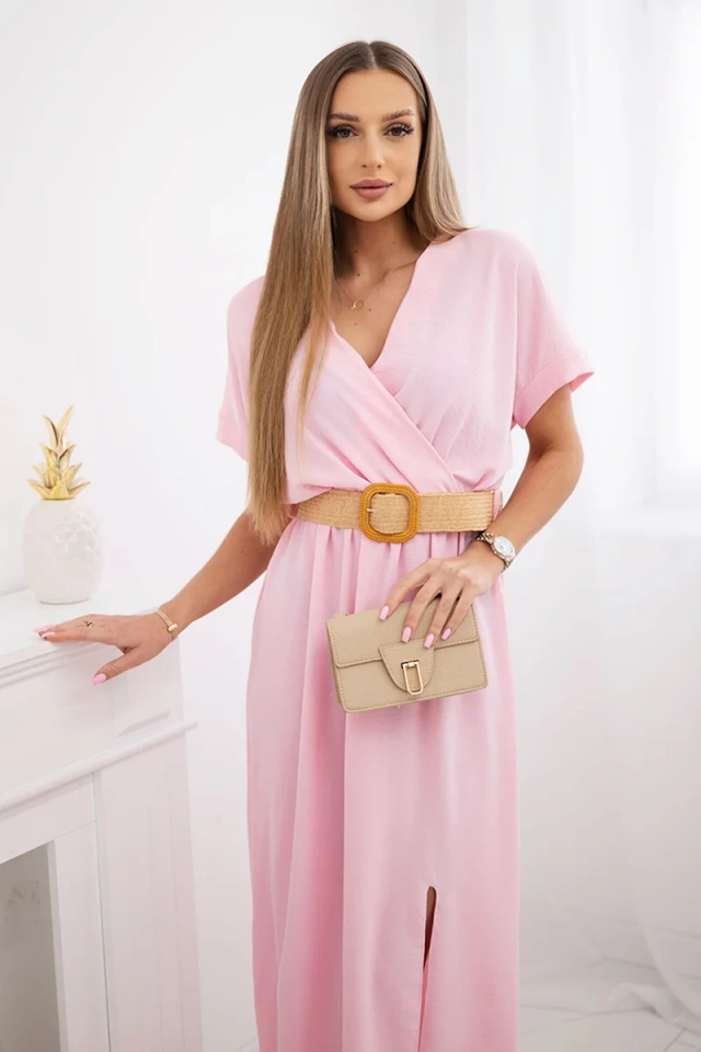 Long dress with a decorative belt candy pink