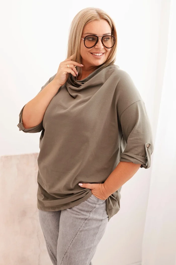 Dámska blúzka Plus Size z bavlnou s voľným strihom a vodným výstrihom khaki