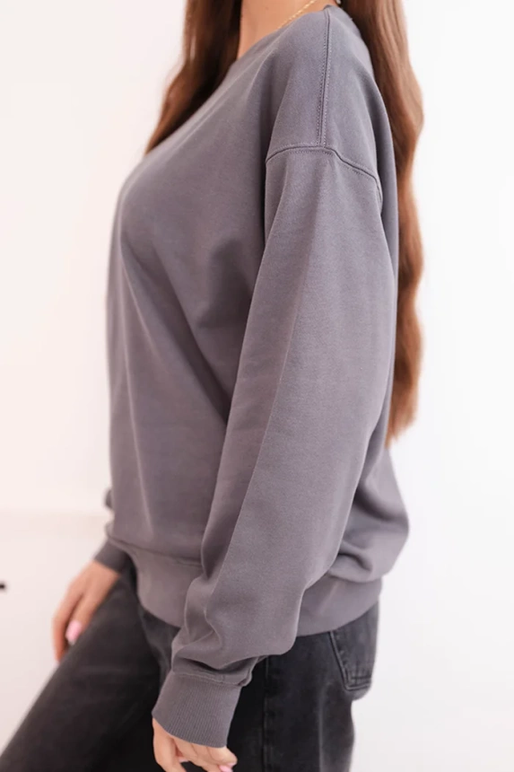 Basic women's cotton looped sweatshirt with a round neckline graphite