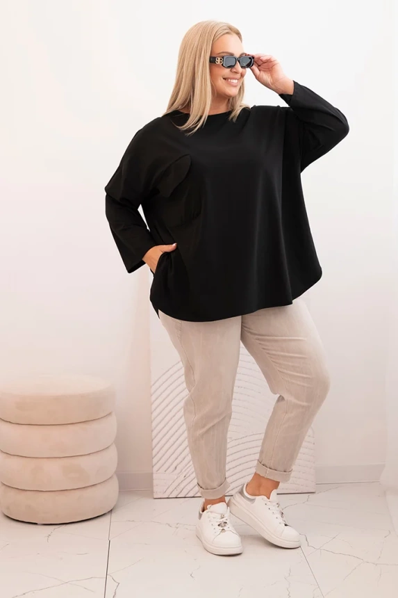 Damenbluse Plus Size aus Baumwolle mit Tasche und hochgerollten Ärmeln schwarz