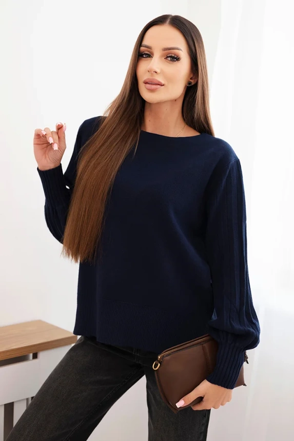 Women's viscose sweater with long sleeves and side slits navy blue