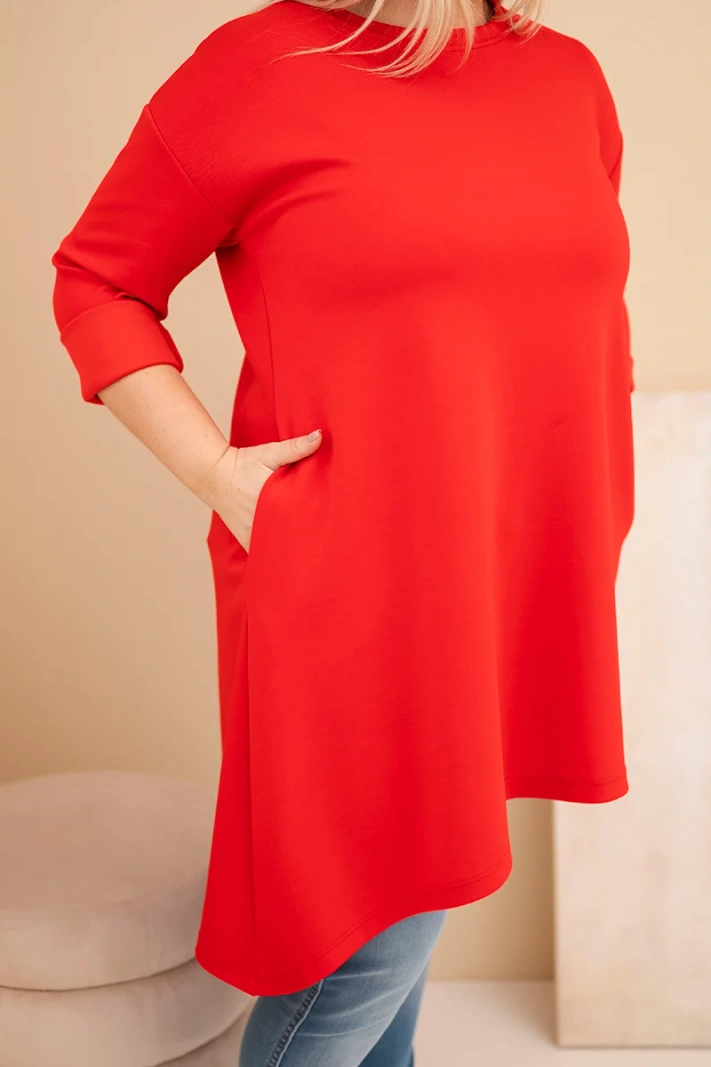 Damenkleid Plus Size aus Viskose mit lockerer Passform und langen Ärmeln rot