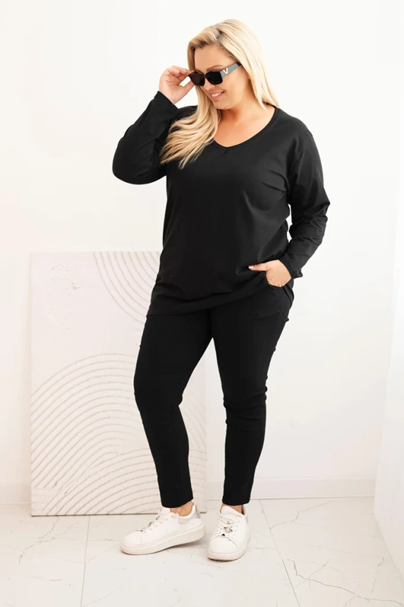 Dámská blůza Plus Size s výstřihem do V a dlouhým rukávem černá