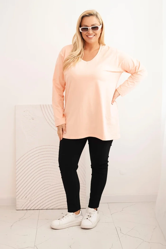Dámská blůza Plus Size s výstřihem do V a dlouhým rukávem meruňková