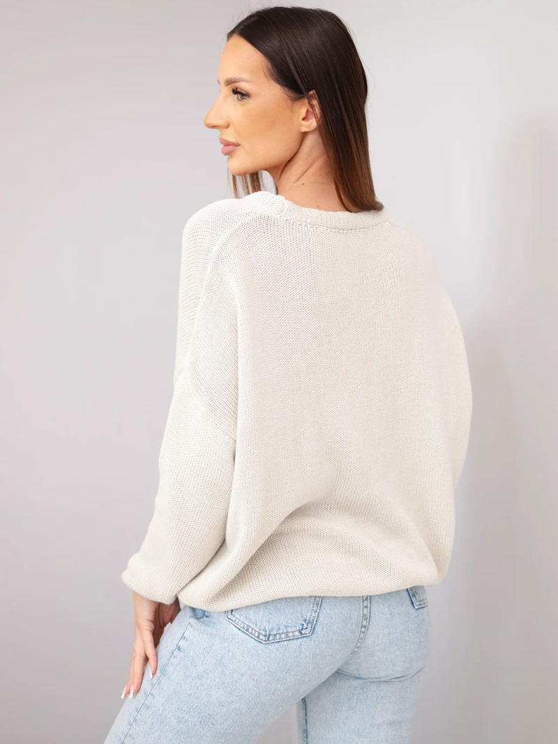 Damen Baumwollpullover Oversize mit Knöpfen und V-Ausschnitt beige