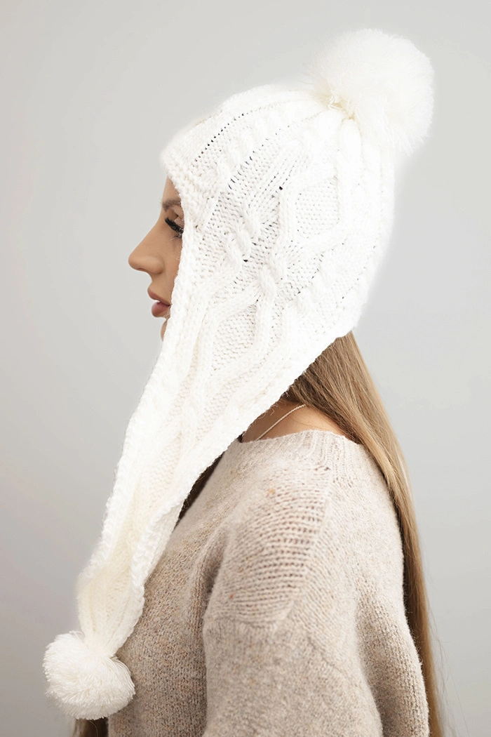 Women's winter wool hat with pom-poms and extended sides K448 white
