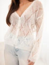 Damenpullover aus 80 % mohair, durchbrochen, zum Knöpfen, ecru