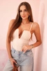 Women's strapless bodysuit blouse with ruffles and V-neckline beige