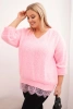 Women's set with a V-neck sweater and a viscose blouse with a lace bottom candy pink