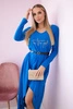 Dress with a decorative belt and an inscription mauve-blue