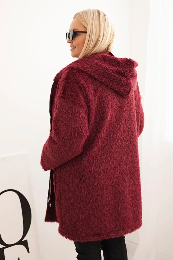 Plus Size women's coat made of viscose with a zipper and a hood plum