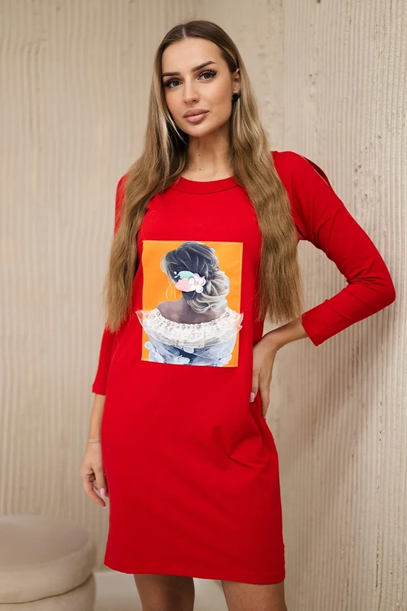 Suknelė su 3D grafika, nėriniuota, raudona