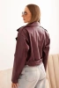 Women's short jacket made of eco-leather with a belt and collar burgundy