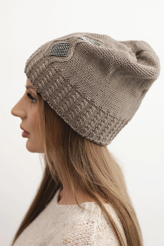 Women's winter wool cap with rhinestones and pattern K455 cappuccino
