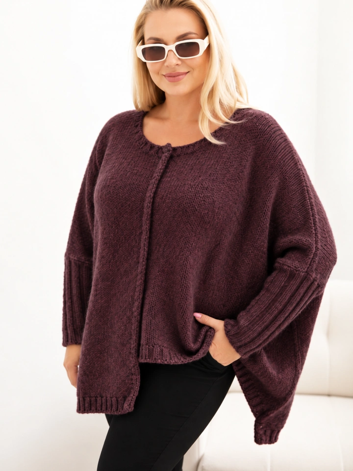 Sweter damska Plus Size z akrylem o luźnym kroju i rękawem 3/4 śliwkowy