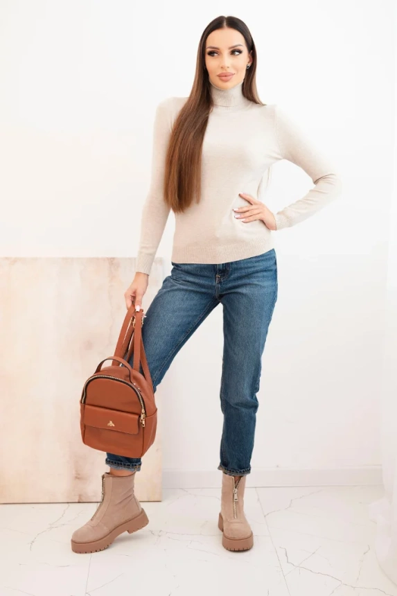 Women's viscose sweater with a turtleneck and long sleeves dark beige